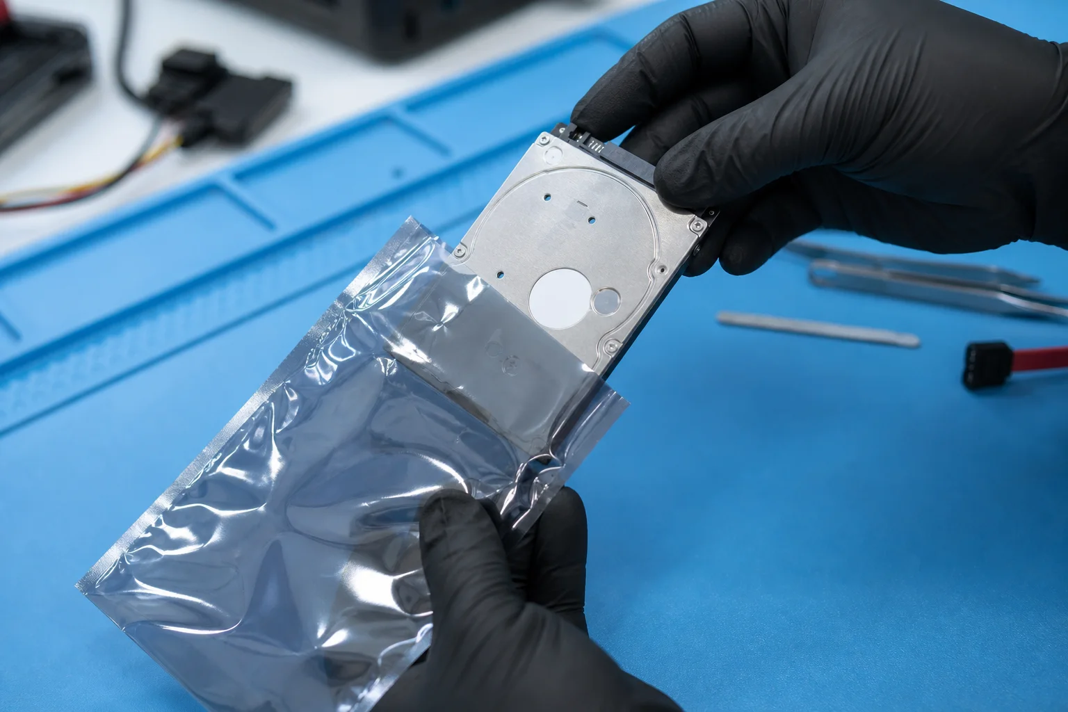 Black-gloved hands sliding a bare hard drive into a silver anti-static bag before packing
