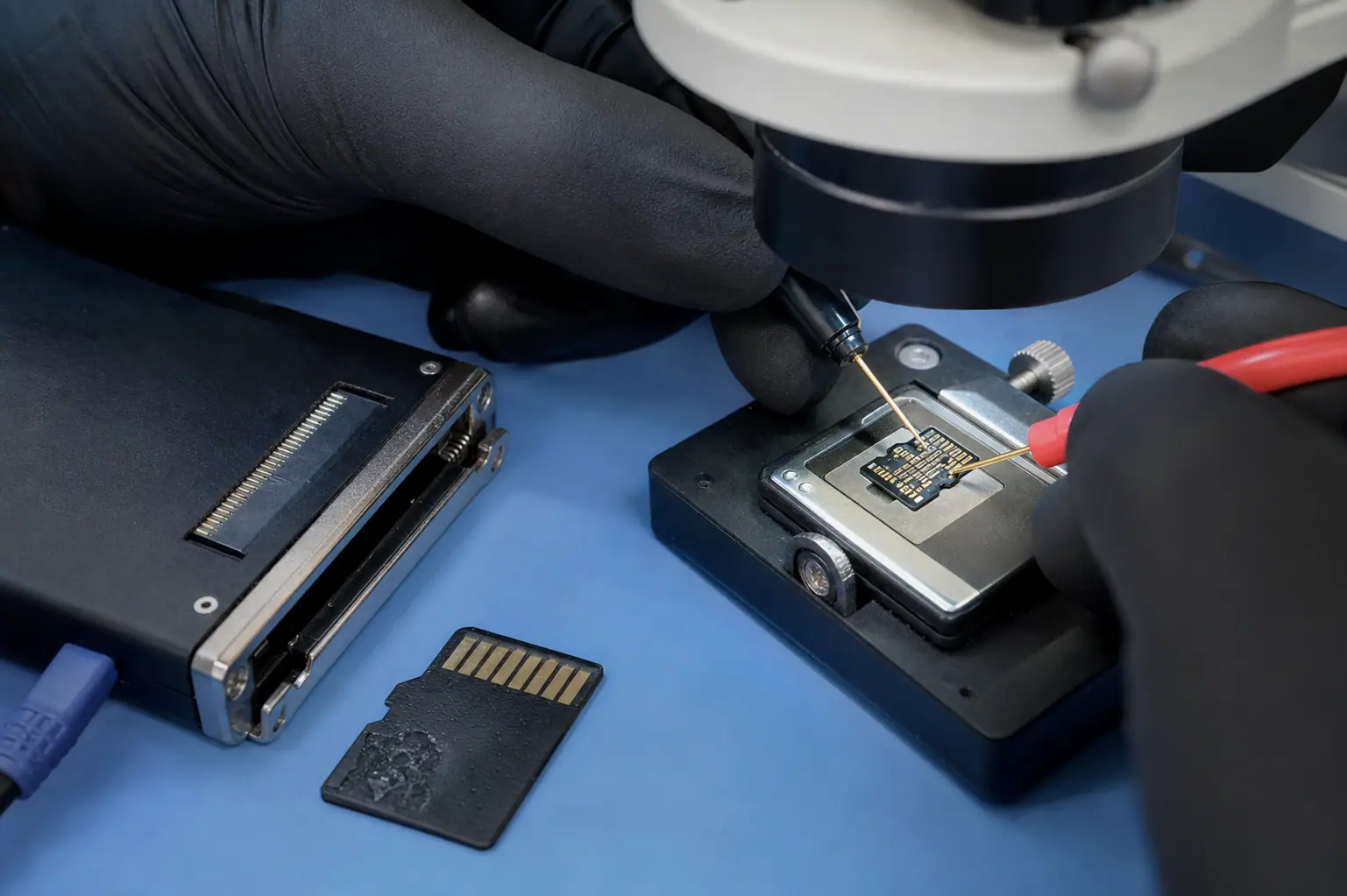 Fine probes contacting exposed test points on a damaged microSD card under a stereo microscope