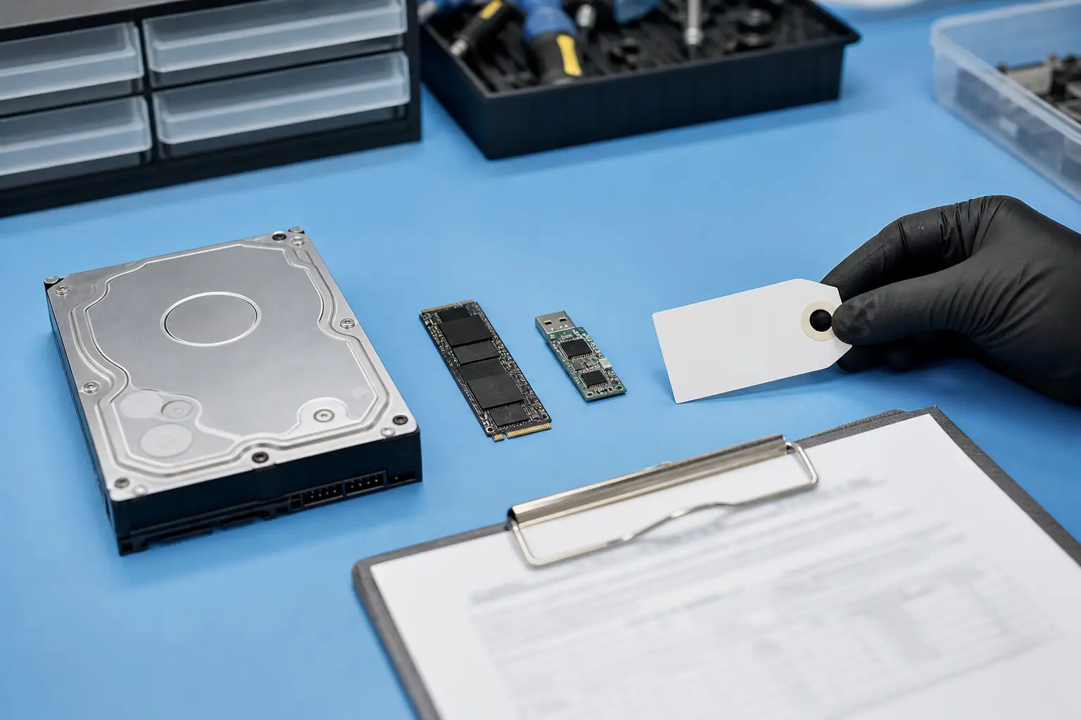 An intact hard drive, NVMe SSD and USB flash board being inventoried on an anti-static laboratory bench